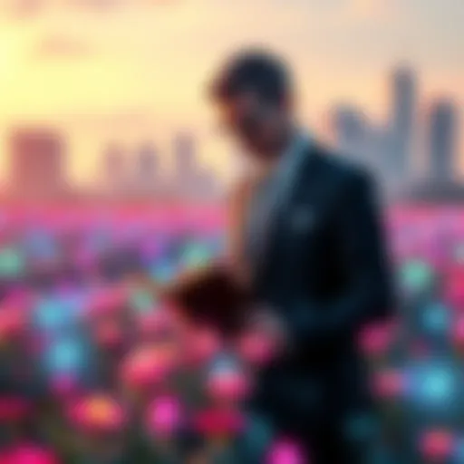 A 36-year-old sorcerer dressed in a suit, tending to a glowing aura field filled with magical plants, balancing law books and spell scrolls, with a city skyline in the background.