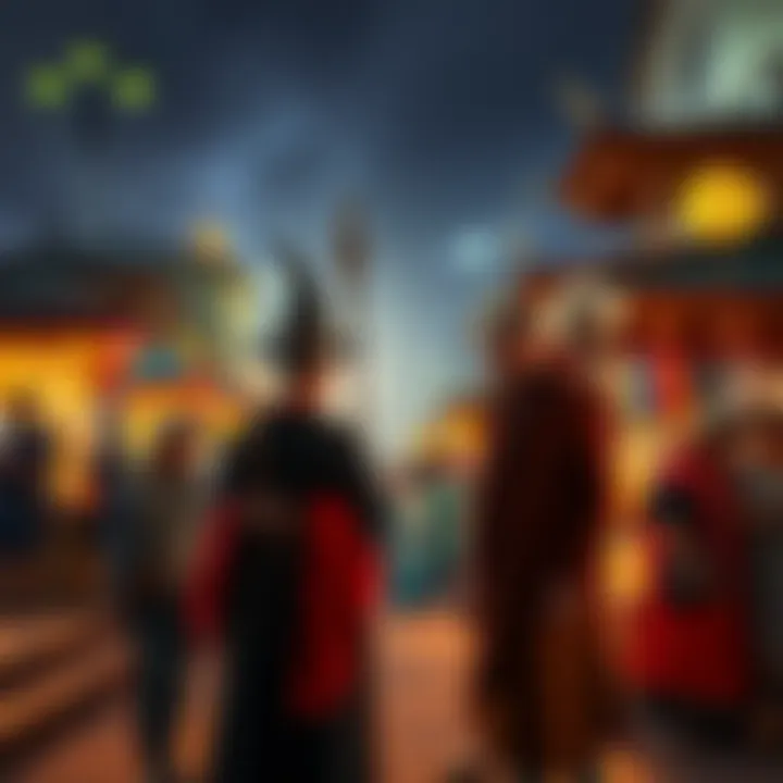 A sorcerer, dressed in a traditional robe and holding a staff, interacts with community members in a vibrant town square, surrounded by colorful stalls and people engaging in cultural activities.
