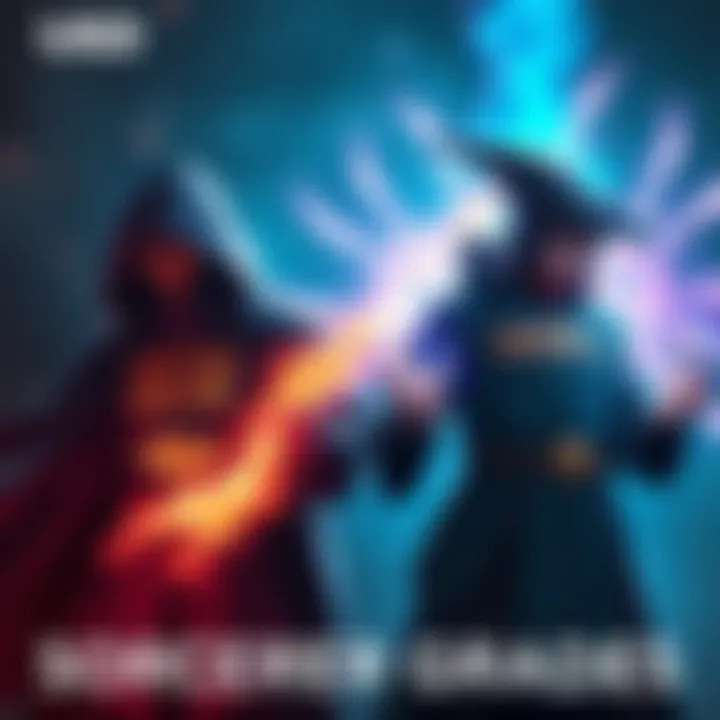 A depiction of two sorcerers, one labeled Special Grade with a powerful aura and the other labeled Grade 1, both showcasing their unique abilities in a dynamic scene.