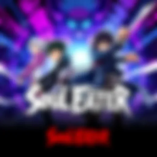 Colorful poster of Soul Eater featuring main characters in a fighting stance with a dramatic background.
