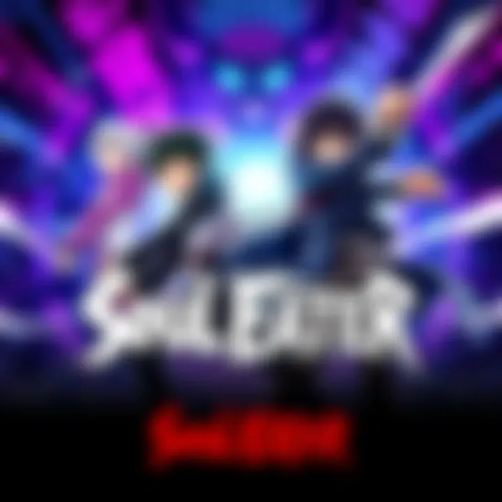 Soul Eater Anime Poster Colorful poster of Soul Eater featuring main characters in a fighting stance with a dramatic background.