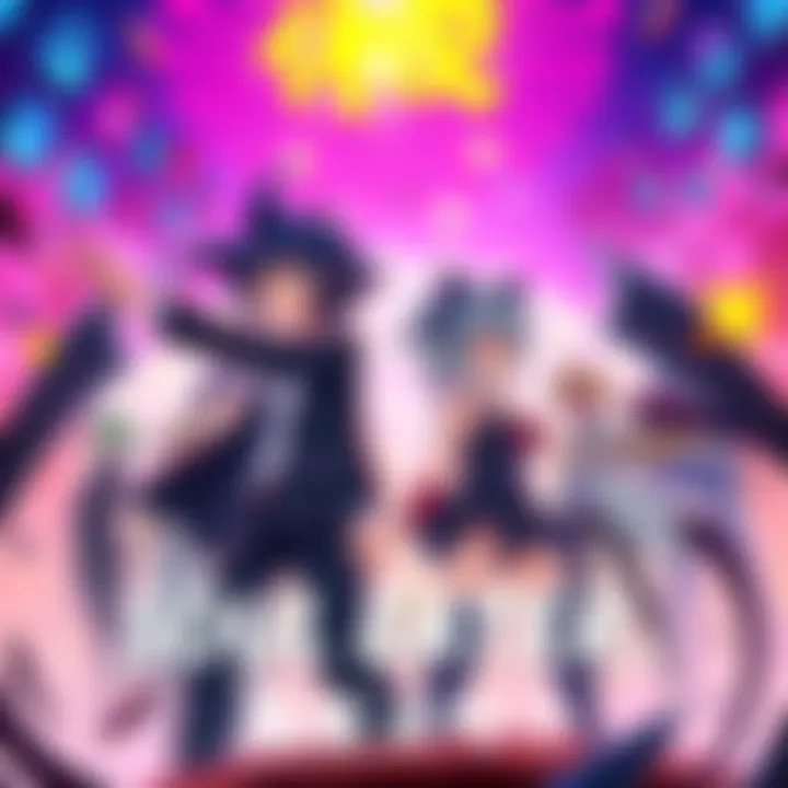 A vibrant scene from Soul Eater featuring main characters in action poses against a colorful backdrop, showcasing their unique designs and dynamic emotions.