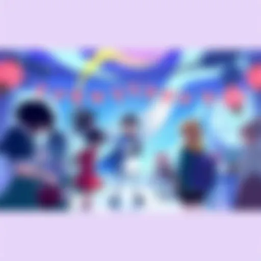 Illustration showing vibrant characters interacting in a colorful setting from Sousou no Raibaru