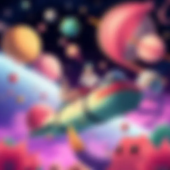 A vibrant scene showing characters from Toriko traveling through space, surrounded by colorful planets and unique creatures. The characters look excited as they explore new worlds with exotic plants a...