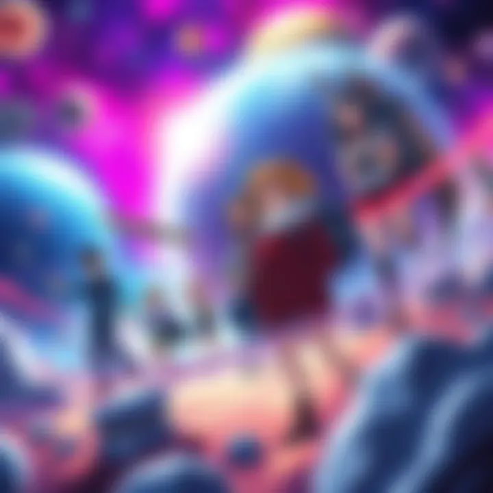 A group of diverse characters exploring a vibrant, futuristic space scene with colorful planets and stars in the background.