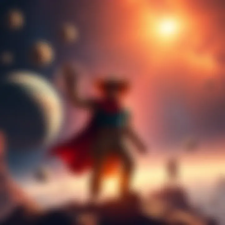 A cosmic scene showing Space Cowboy waving goodbye against a backdrop of stars and planets, symbolizing his departure.