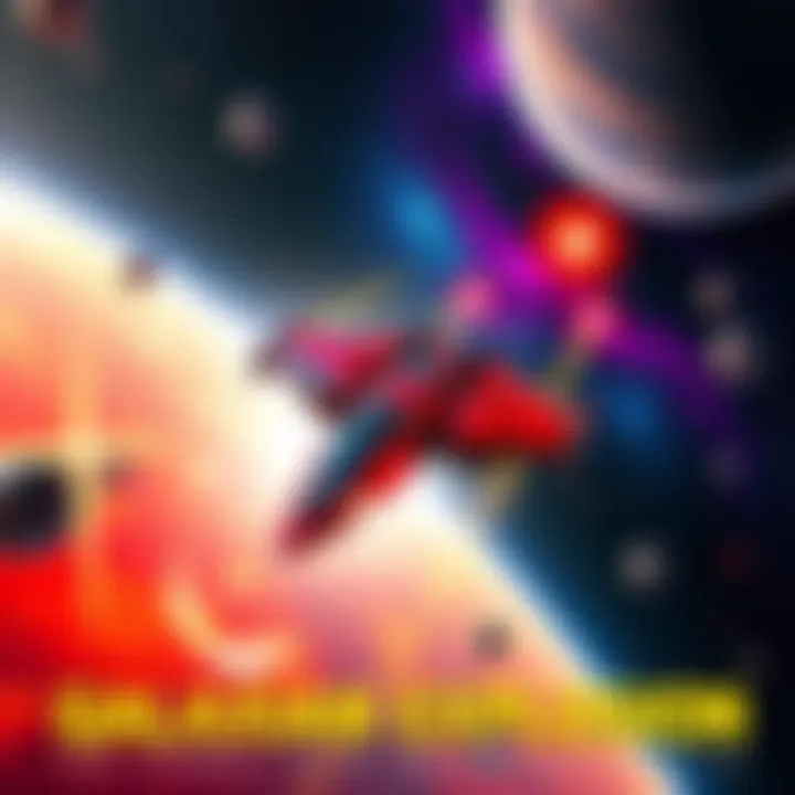 A vibrant spaceship engaged in an intense battle among colorful galaxies with stars and planets in the background