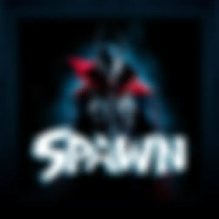 A dramatic poster featuring the character Spawn, showcasing his dark costume and signature cape, set against a shadowy background.