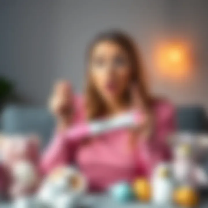 A woman holding a positive pregnancy test with a surprised expression, surrounded by baby items like a onesie and toys.