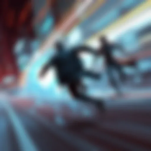 A dynamic action scene showing a character moving rapidly to outpace another character with unique abilities, illustrating the battle between speed and hax powers.
