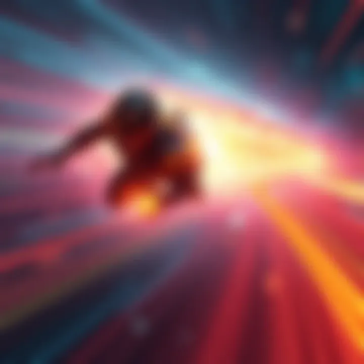 Speedy Character in Action A vibrant scene showing a character racing through space at incredible speed, leaving a trail of light. Stars and cosmic elements surround them, illustrating the concept of faster-than-light travel wi...