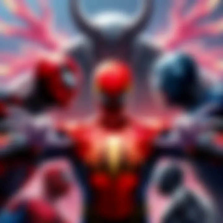 Spider-Men from dimension 616 facing off against Battle Beast in a dramatic showdown, showcasing their heroic poses and intense expressions