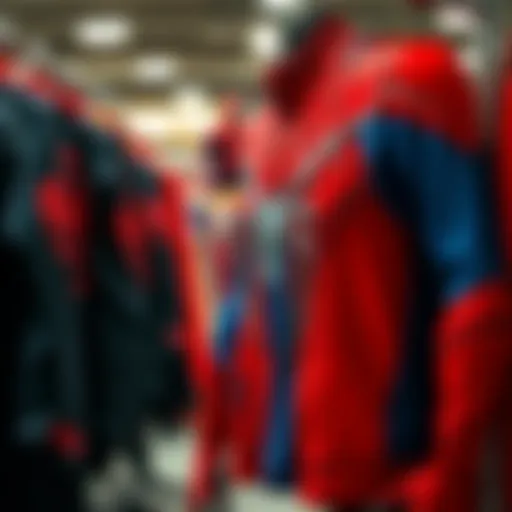 A vibrant Spider-Man costume hanging on a rack, showcasing the red and blue colors with web patterns.