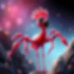 A colorful character that combines features of a spider and a flamingo, with long legs and vibrant feathers, smiling playfully.