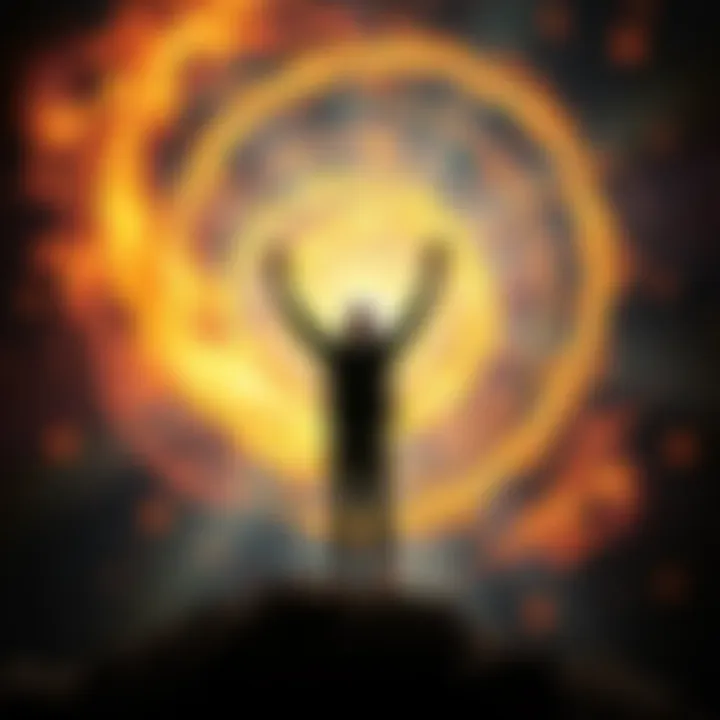 A person standing with arms raised, surrounded by swirling energy patterns symbolizing spiral energy, showcasing physical and mental strength.