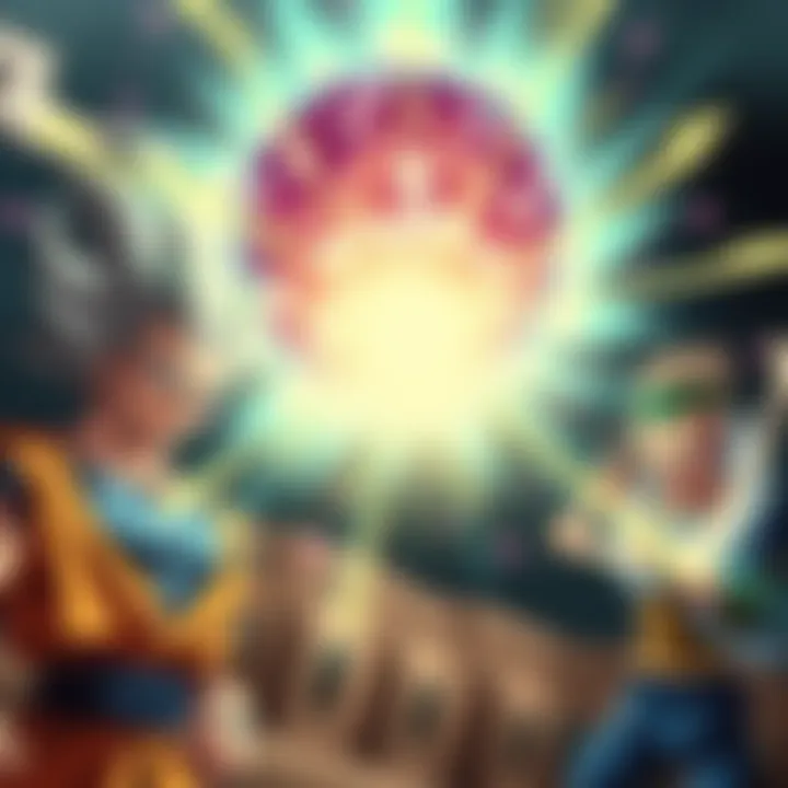 A depiction of a glowing Spirit Bomb with characters Vegeta and Frieza showing intense emotions as they channel energy