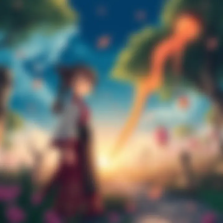 A young girl in traditional clothes stands in a lush, mystical landscape surrounded by spirits, showing her journey of growth and identity.