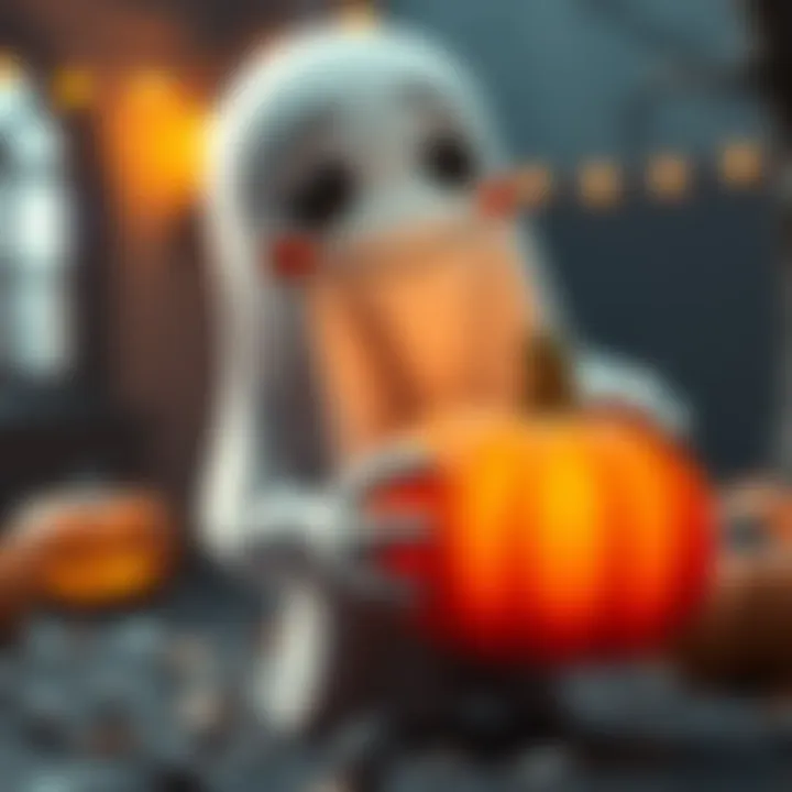 A playful ghost with a silly expression holding a pumpkin in a fun, light-hearted Halloween setting.