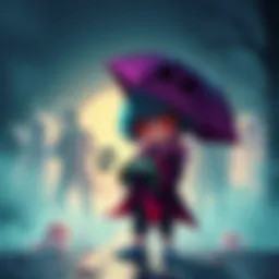 A colorful Spooky Kogasa character with an umbrella, standing in a misty environment with ghostly silhouettes in the background.