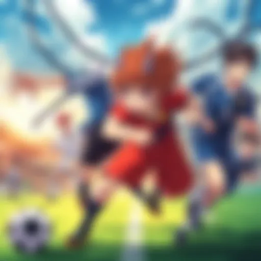 A group of dynamic sports anime characters competing on the field with intense expressions