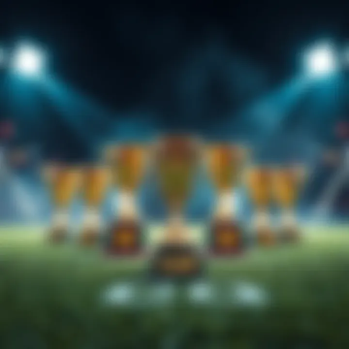 Graphic showing different sports matchups with trophies in the background, representing potential champions