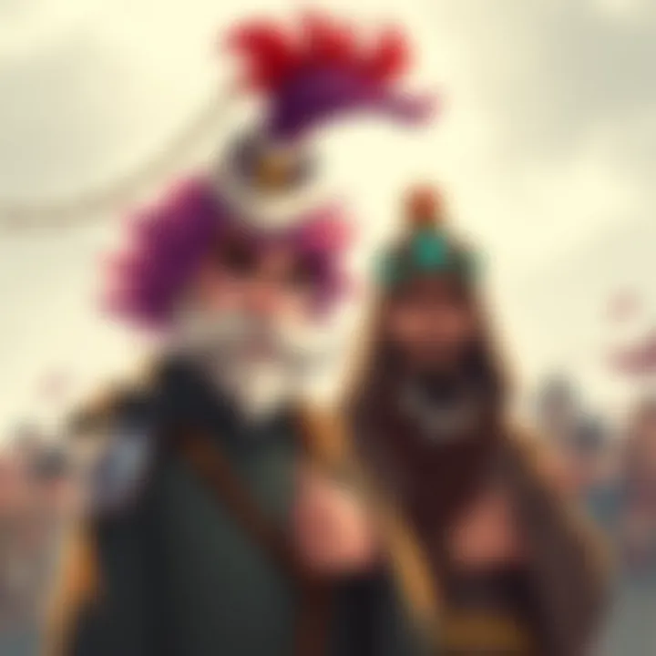 Character art of Spring Mustachio and Homeless Emperor Illustration featuring Spring Mustachio with colorful mustache and Homeless Emperor in tattered robes, surrounded by fans discussing heroes and monsters