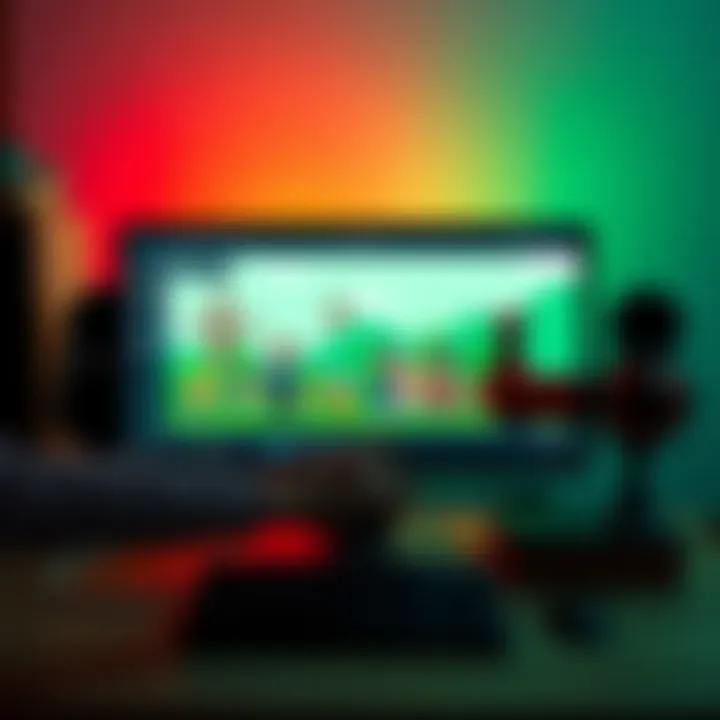A computer screen displaying a colorful sprite animation project in Scratch, showing various characters and backgrounds being created and edited.