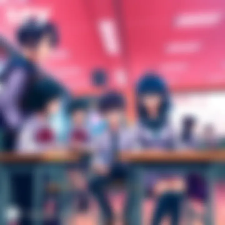 Main characters from Spy X Family interacting in a classroom, showcasing their personalities and relationships, with school elements in the background.