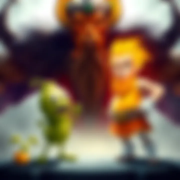 A cartoon-style Squash character from Plants vs Zombies stands confidently against a majestic Zeus from Record of Ragnarok, showcasing their epic battle stance.