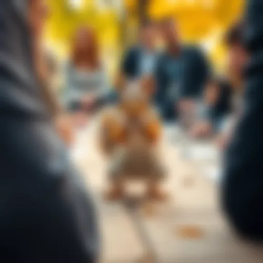 A small squirrel causing a commotion among people gathered at an outdoor meeting, with surprised expressions as it scampers around.