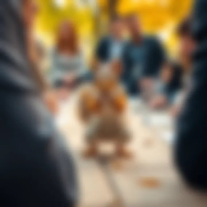 A small squirrel causing a commotion among people gathered at an outdoor meeting, with surprised expressions as it scampers around.