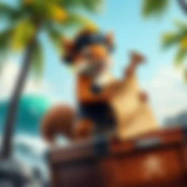 A cheerful squirrel wearing a pirate hat and holding a treasure map, standing on a wooden chest with pirate symbols, surrounded by palm trees and ocean waves.