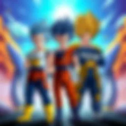 Standalone SS4 Vegeta stands confidently next to a tag team of SS4 Vegeta and SS4 Goku, set against a vibrant GT-themed background.
