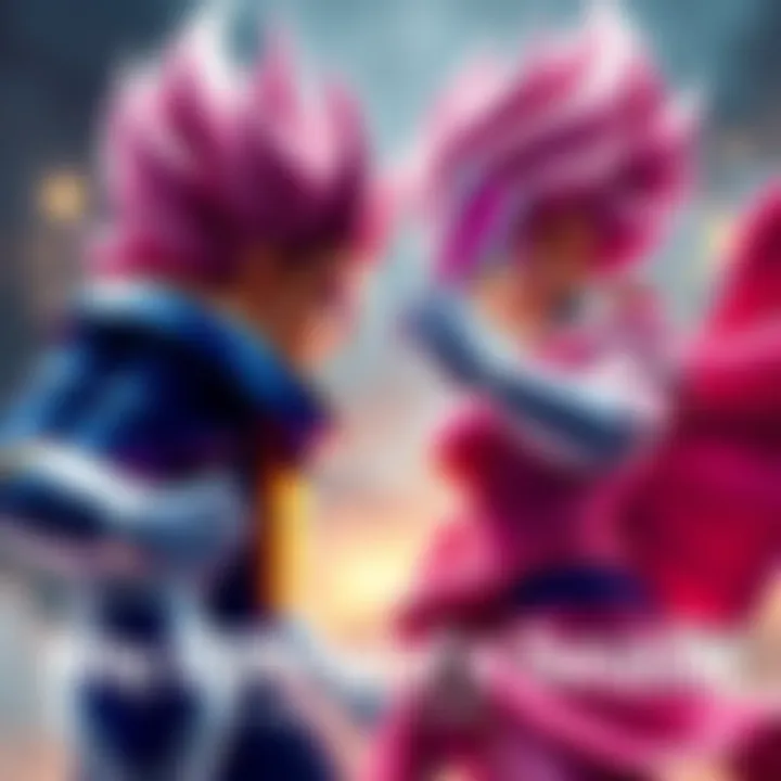 SSG Vegeta in blue armor facing off against Legend Super Villain Rosé in pink attire, both in dynamic poses ready for combat