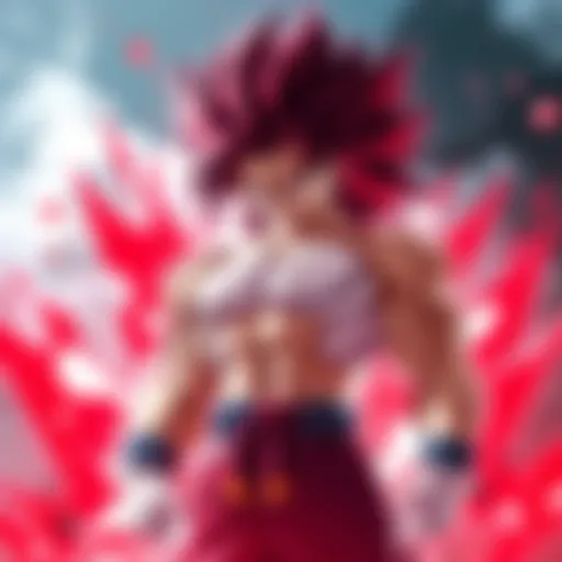 SSJ4 Gogeta stands in a powerful pose, showcasing his muscular build and iconic hairstyle with a dark red aura surrounding him.
