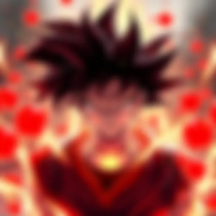 SSj4 Goku surrounded by glowing red orbs, showcasing his power ready for battle.