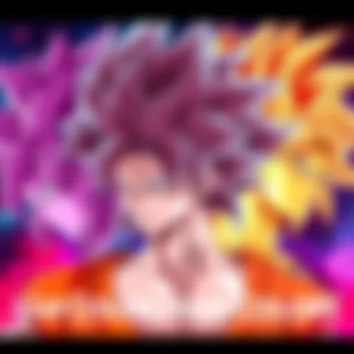 Illustration showing different hair colors of SSJ4 Limit Breaker forms including magenta, light orange, and red