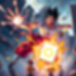 Ssj4 character launching a super attack Ssj4 character performing a super attack, causing buildings to crumble around them, with people reacting humorously in the background