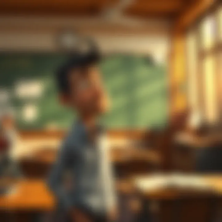 Stain Considering Teaching A character named Stain stands in front of a classroom, pondering the idea of becoming a teacher at UA, with books and a chalkboard in the background.