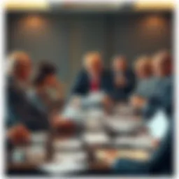 A group of diverse people in formal attire discussing around a table with papers scattered, showing signs of disagreement and frustration.