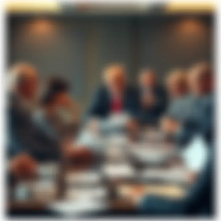 A group of diverse people in formal attire discussing around a table with papers scattered, showing signs of disagreement and frustration.
