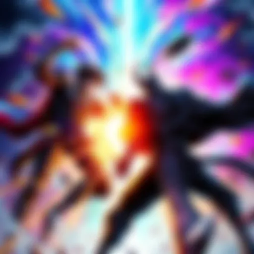 An illustration showing powerful stand abilities in action, depicting a fierce battle between a hero and a villain with colorful effects