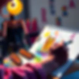 An artist draws a colorful stand illustration with pencils and markers on a sketchpad.