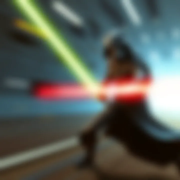 Star Wars character dodging laser bolt A Star Wars character skillfully dodges a bright laser plasma bolt in a space setting, showcasing their speed and agility.