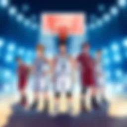 Starting Five Basketball Lineup An illustration of Fujima, Moroboshi, Sendoh, Kawata, and Morishige in a basketball lineup, showcasing their positions on the court.