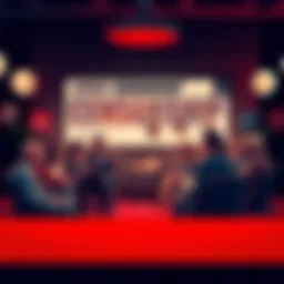 A group of people debating state censorship in entertainment designs, with visual elements depicting popular culture characters being altered.