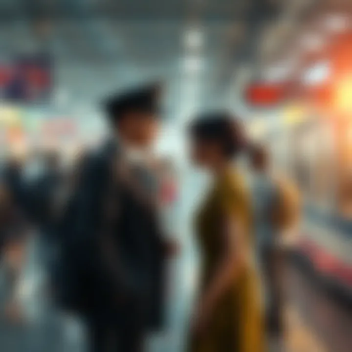 Station Attendant and Unique Girl A station attendant interacts with a girl standing apart from a crowd in a busy train station.