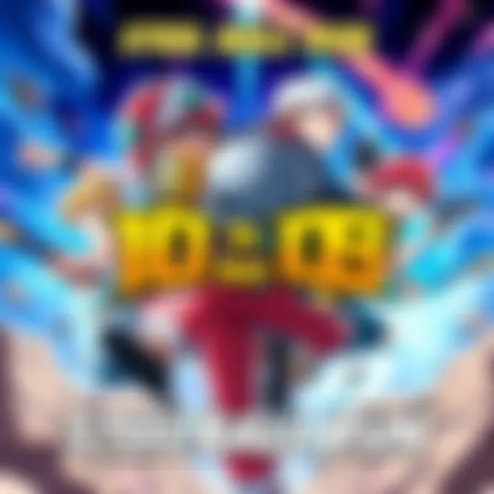 A colorful poster featuring main characters from Steel Ball Run anime, showcasing action and adventure themes, with a countdown to the release date in the background.