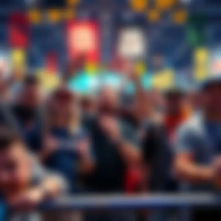 A group of Steel Ball Run fans sharing joy and gratitude at a gaming event, with colorful banners and merchandise in the background.