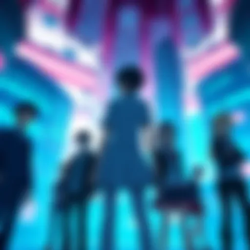 Main characters from Steins;Gate standing together with a futuristic city in the background.